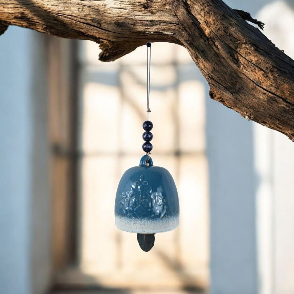 Handmade Artisan Clay Pottery Bell Wind Chime Blue Glaze w Leaf & Clay Beads